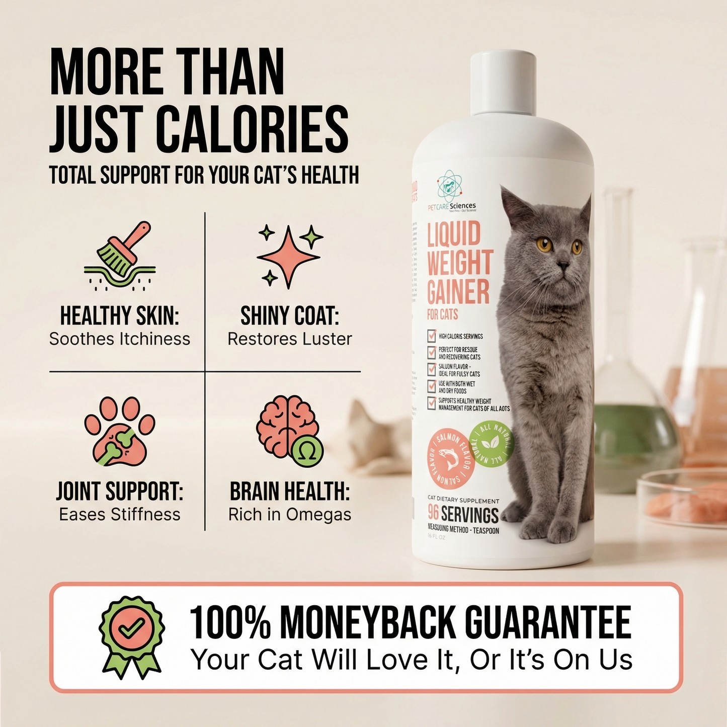 16 Fluid Ounce Liquid Cat Weight Gainer - High Calorie Supplement for Cats - High Calorie Cat Food Appetite Stimulant - Salmon Flavor - Made in The USA
