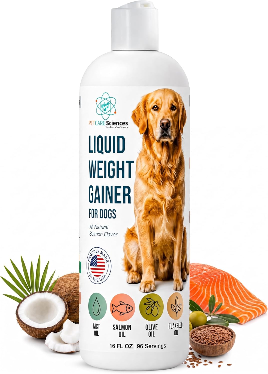 Dog Weight Gainer Liquid Food Topper – High Calorie Supplement for Dogs with Salmon Oil, MCT, Olive & Flaxseed Oil, Appetite Stimulant, All Natural, 96 Servings, Made in USA